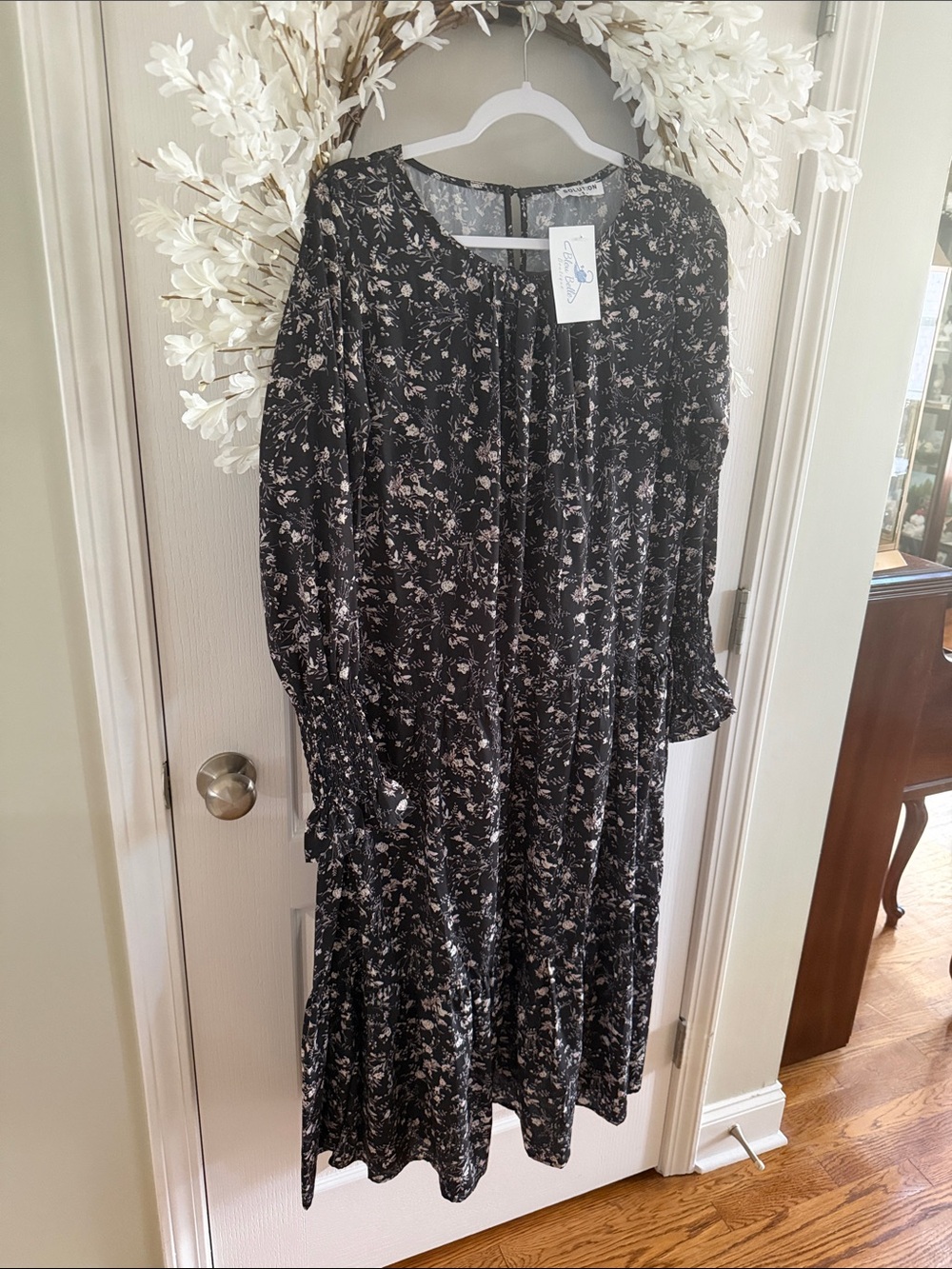 Black Floral Tiered Long Sleeve Midi Dress